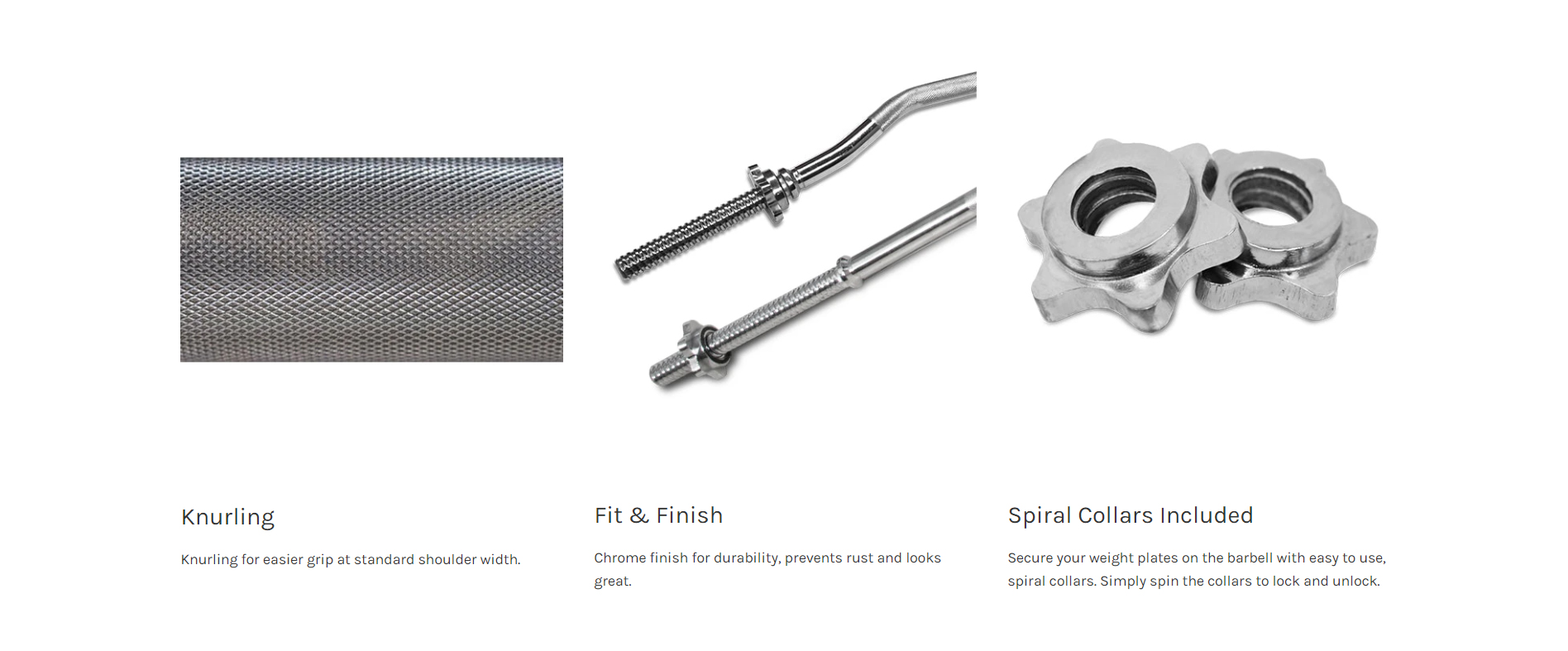 Chrome Barbell with Knurl Grip and Spiral Collars Close-Up